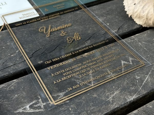 transparent wedding invitation with premium finish and modern layout