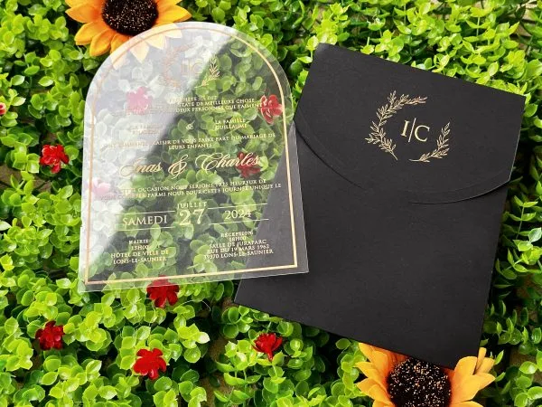 transparent wedding invitation with premium finish and modern layout