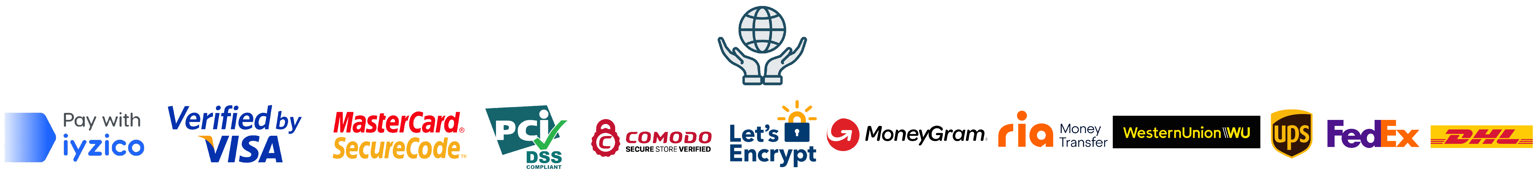 Secure payment options and international shipping icons including iyzico, Visa, MasterCard, FedEx, UPS, DHL