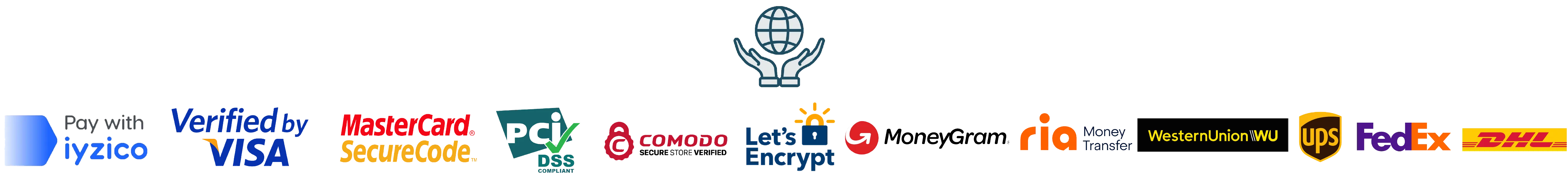 Secure payment options and international shipping icons including iyzico, Visa, MasterCard, FedEx, UPS, DHL