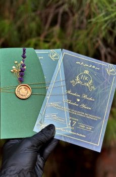 Clear Acrylic Invitation with Dried Flowers, Green Envelope, Wax Seal