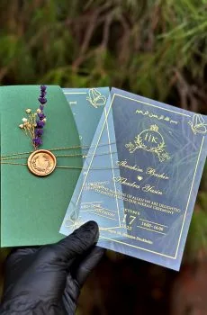 Clear Acrylic Invitation with Dried Flowers, Green Envelope, Wax Seal