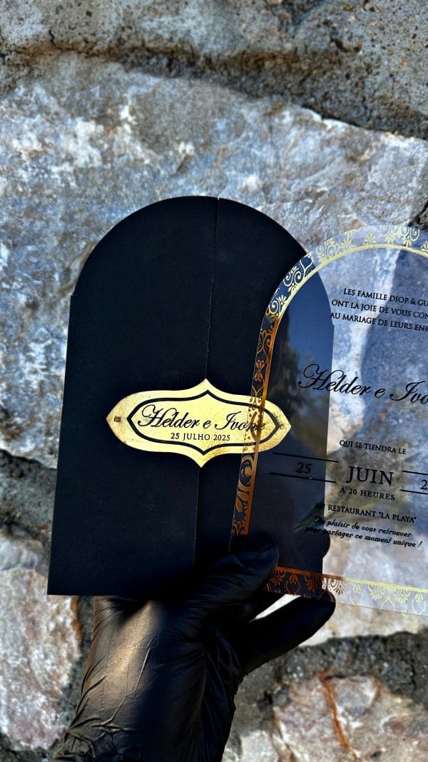 Clear Acrylic Wedding Invitation – Arch Shape, Gold Border, Black Envelope - Image 5