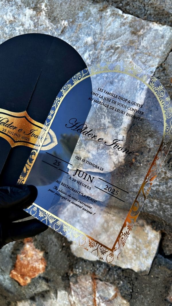 Clear Acrylic Wedding Invitation – Arch Shape, Gold Border, Black Envelope - Image 2