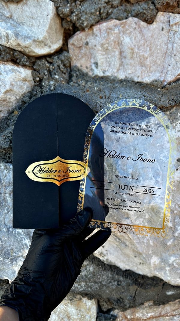 Clear Acrylic Wedding Invitation – Arch Shape, Gold Border, Black Envelope - Image 3