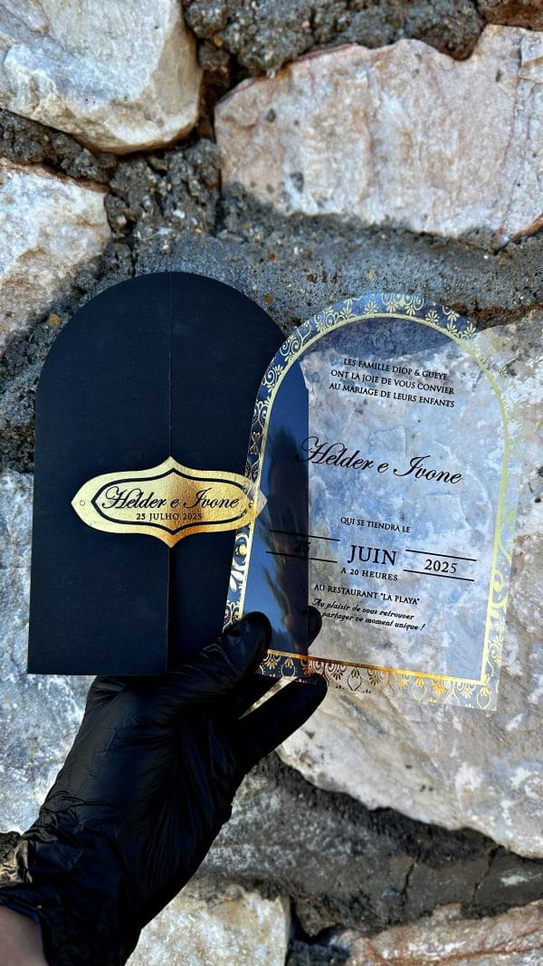 Clear Acrylic Wedding Invitation – Arch Shape, Gold Border, Black Envelope